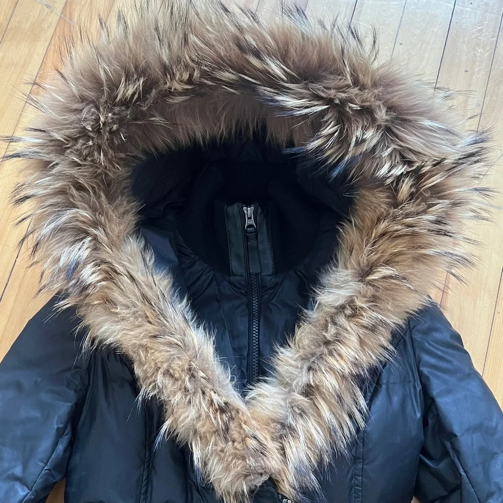 Mackage Black Down Puffer Coat Fur Hood Hooded Zipper Winter Warm Size XS - Picture 10 of 10